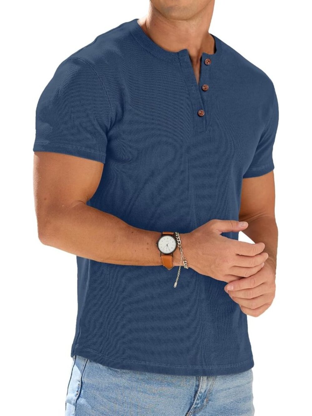 Men Blue Muscle Henley Workout Athletic Short Sleeve Slim Fit Lightweight Shirt